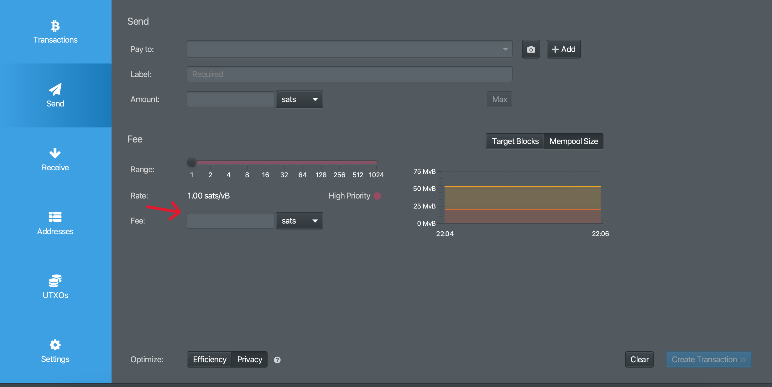 image of sparrow wallet fee field